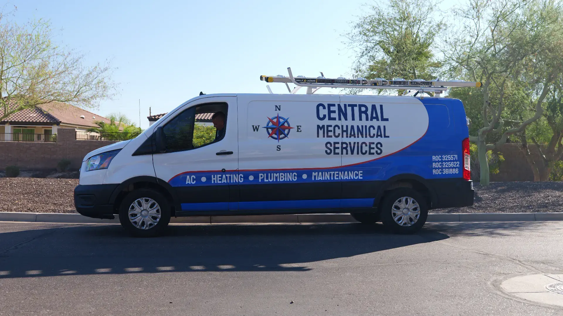 Central Mechanical Services HVAC contractor van on a commercial job site in Phoenix, Arizona
