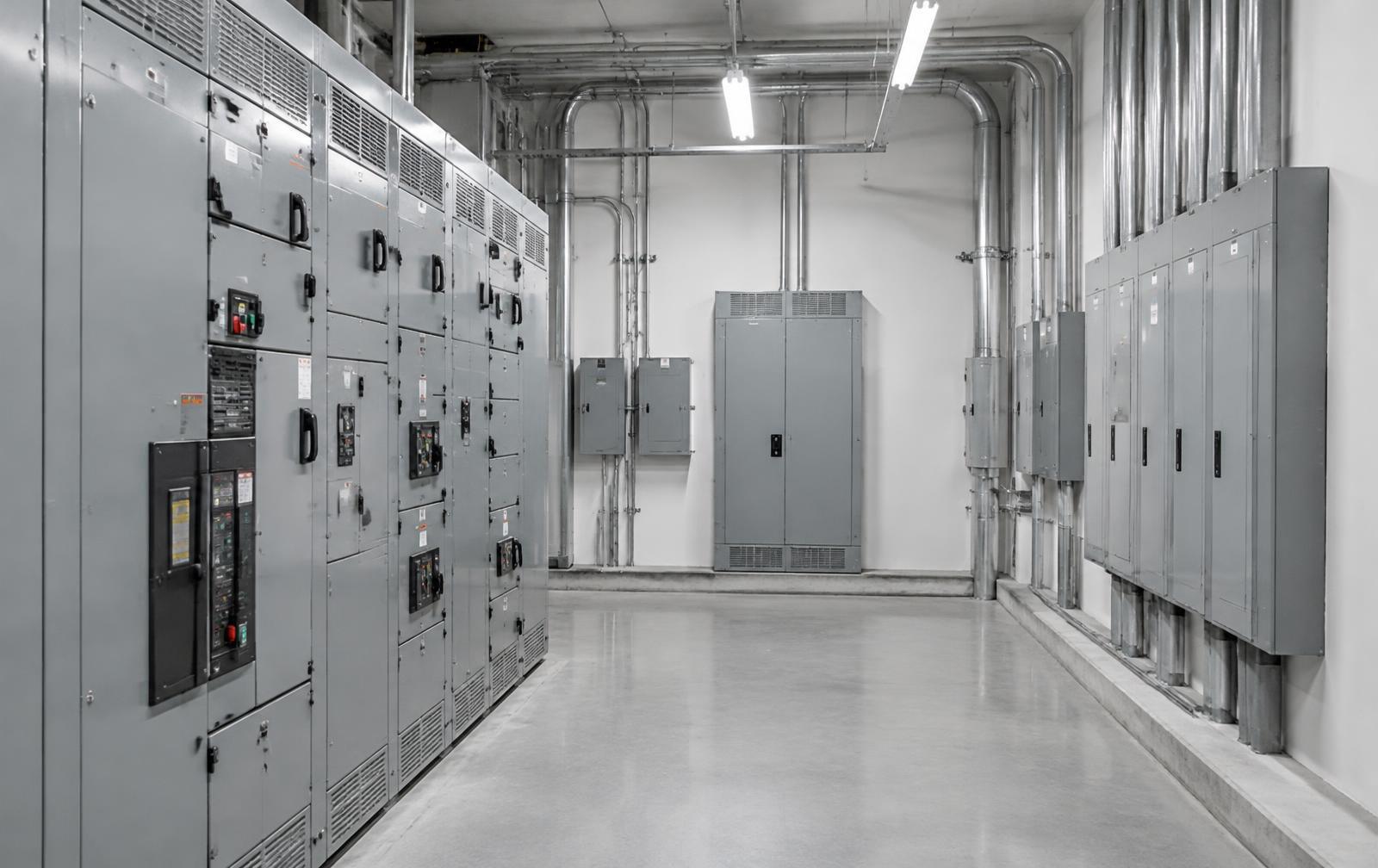 Commercial electrical room with switchgear, distribution panels and conduit runs