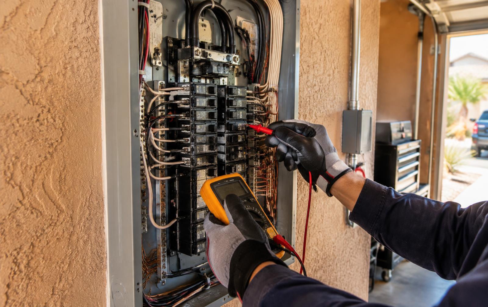 Technician testing a residential electrical breaker panel in a Phoenix garage
