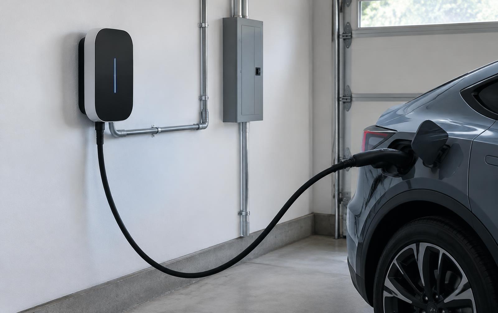 Wall-mounted EV charging station charging an electric car in a residential garage