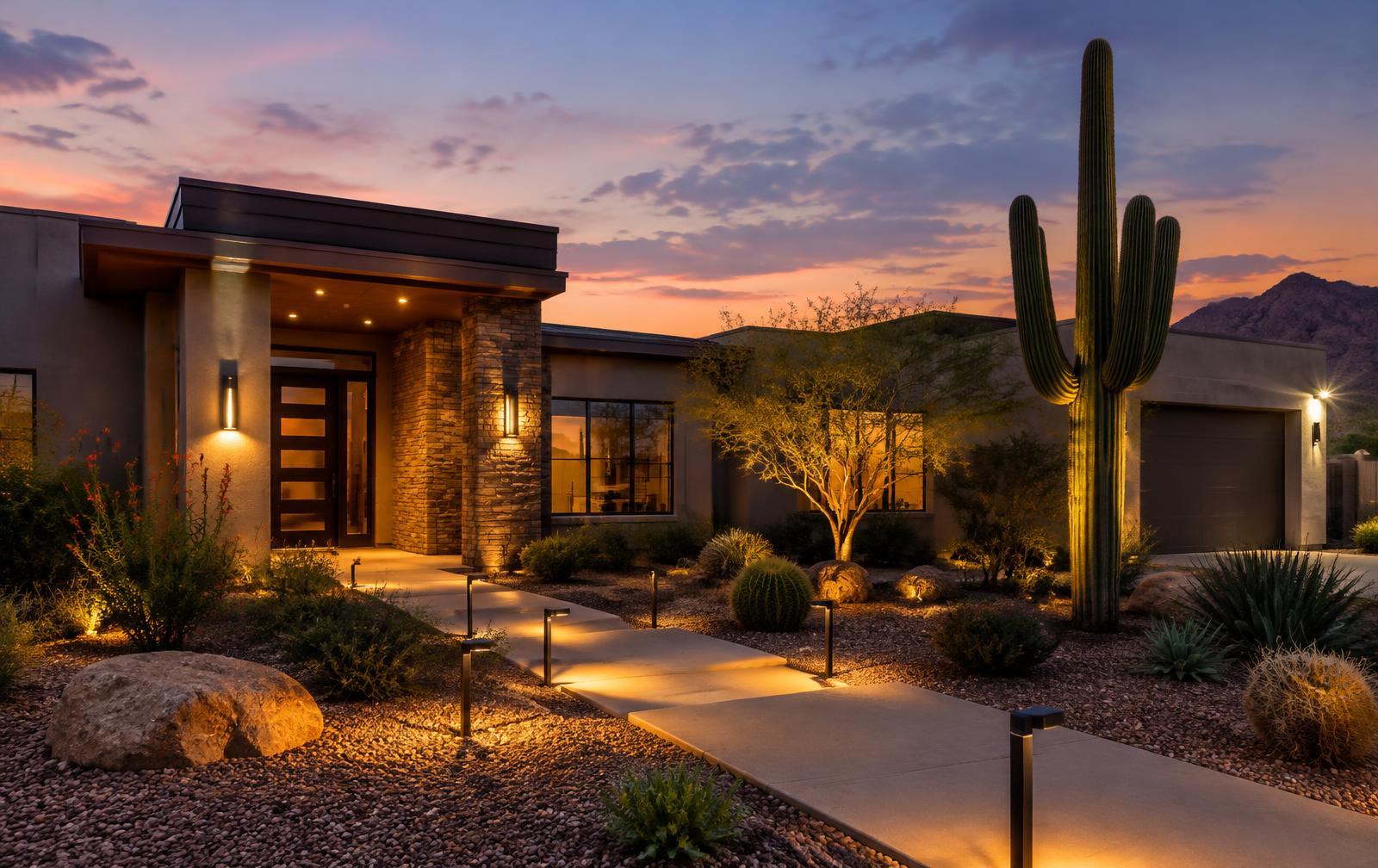 Phoenix desert-modern home at dusk with landscape path lights, wall sconces and lit saguaro