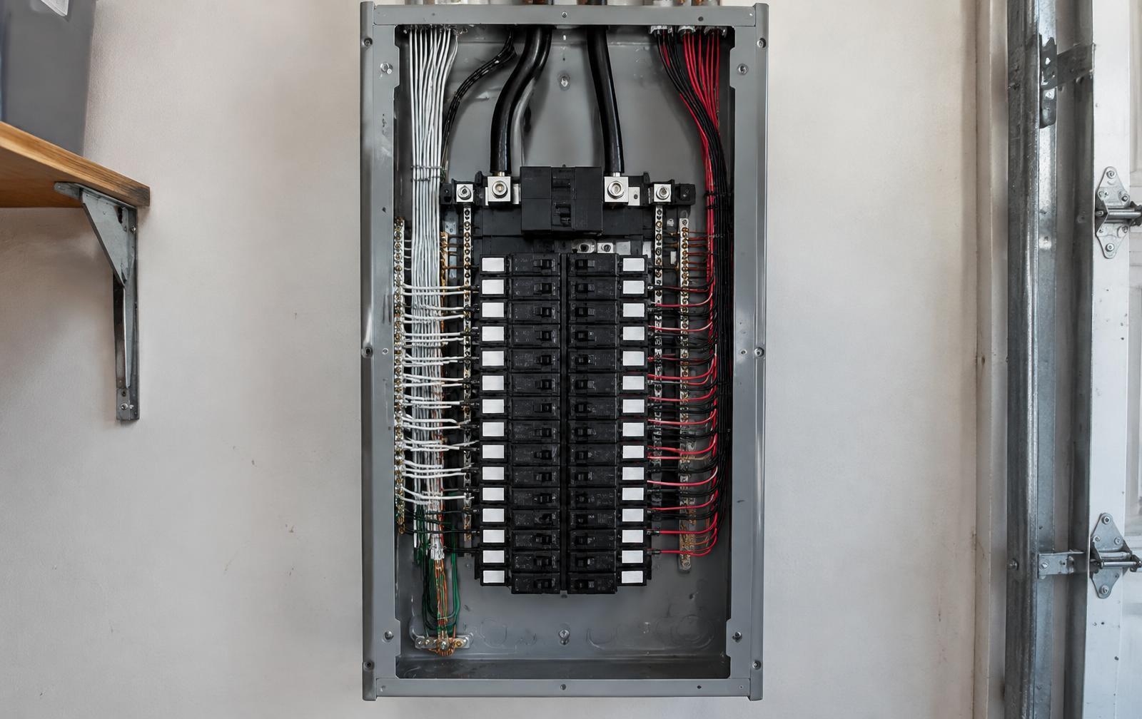 Newly installed residential electrical panel with neatly organized circuit breakers