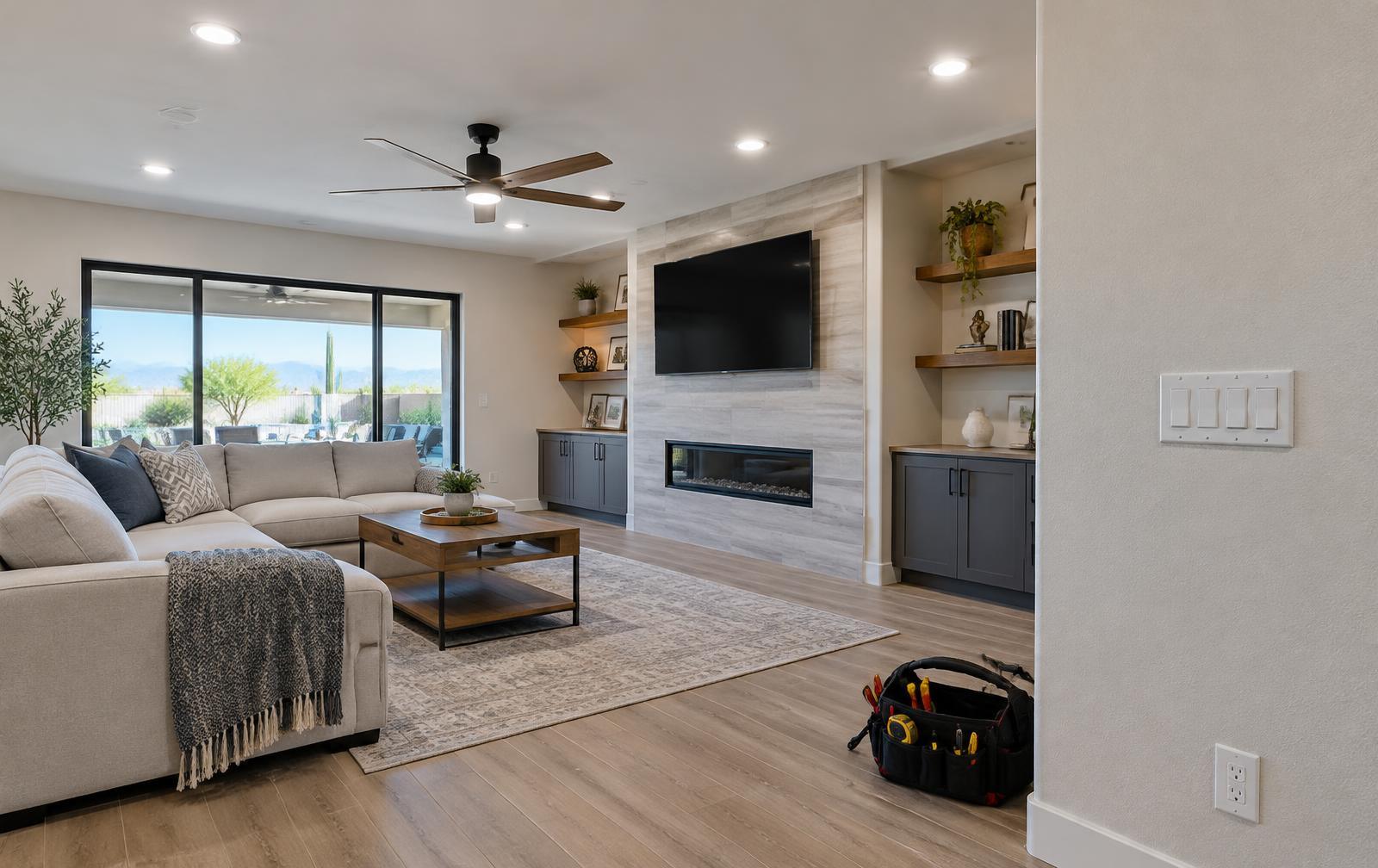 Modern Phoenix living room with new recessed lighting, a ceiling fan and wall switches